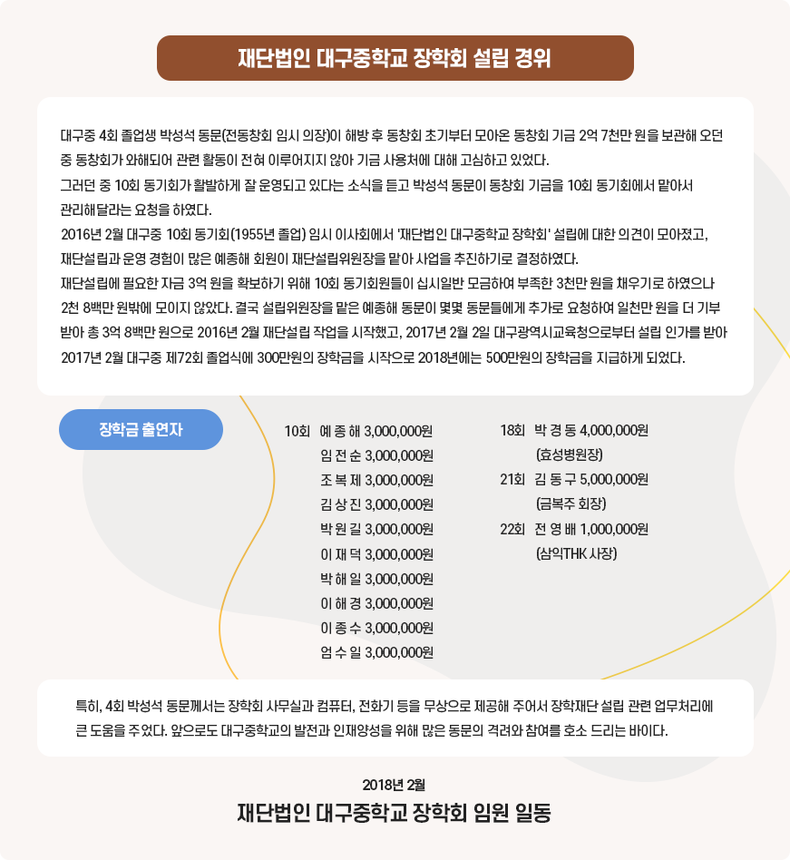 대구중학교 장학회 설립목적 및 연혁 이미지